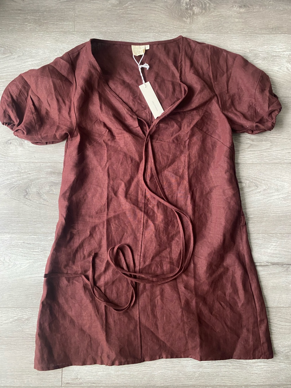 Deji Studios Tie-Front Brown Linen Short-Sleeve Tunic Dress